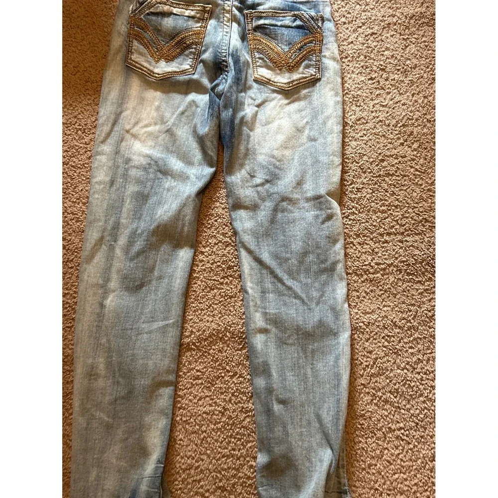 True Indigo Mens Slim Fit Light Acid Wash Embroidered Jeans 30x32  F-119